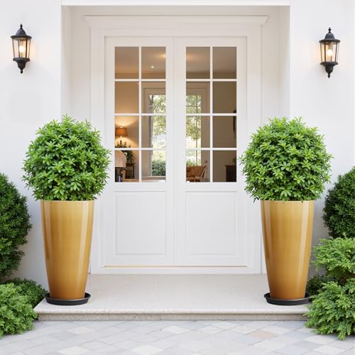 QCQHDU 21 inch Tall Planters for Outdoor & Indoor Plants, 2 Pack Sturdy Plant-Flower-Tree Pots for Front Porch Patio Deck Living Room Decor, Golden - color: Golden, size: 21 inch