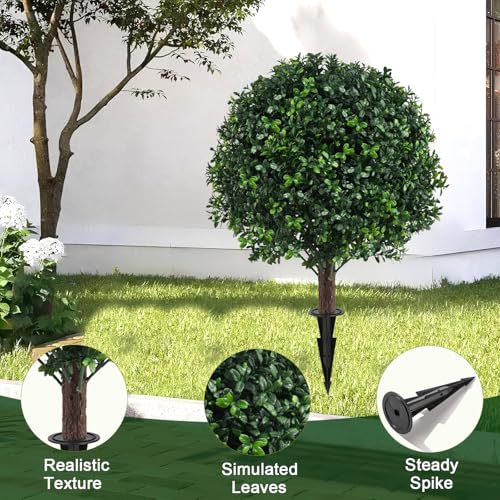 2PCS Faux Boxwood Plants Outdoor Artificial Topiary Ball Trees | Fake Bush & Shrub Greenery / UV Resistant / No Fade / Sturdy Build / No Maintenance / with Spike / Front Porch Decor - color: Boxwood