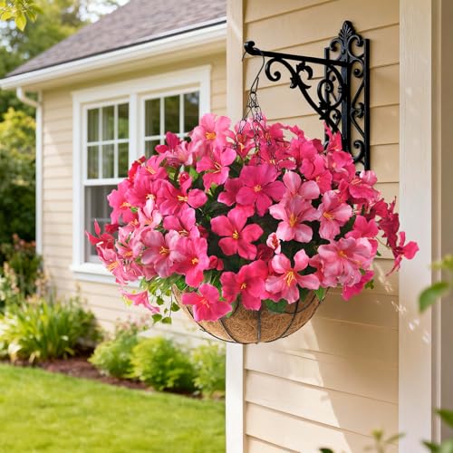 Homsunny Artificial Flowers for Outdoor, Fake Silk Flowers UV Resistant, Realistic Faux Plants Flowers for Front Door Porch Planter Patio Yard Garden Spring Decor - color: Rose Red+pink