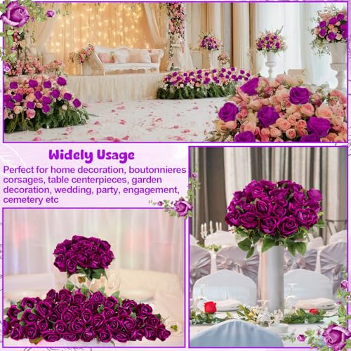 36 Pcs Dark Purple Velvet Artificial Flowers, Realistic Fake Roses Bulk for Wedding Arch, Bouquet Making, Centerpieces - color: Purple
