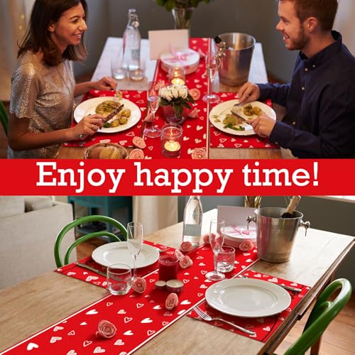 VitalCozy 7 Pcs Valentines Day Table Runner and Placemat Set 72 x 13 Inch Red Love Hearts Runner Anniversary Valentines Table Mat for Holiday Kitchen Dining Wedding Decoration - style: Valentine's Day