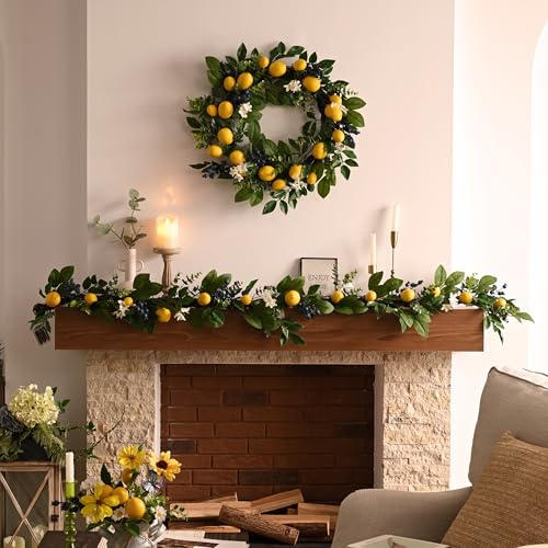 Valery Madelyn 6ft Artificial Lemon Garland for Mantel Summer Decor(Thick) | Faux Lemons Eucalyptus & Blueberry Summer Garland with Lights for Stairs Table Fireplace Farmhouse Kitchen Home Decor - size: Large