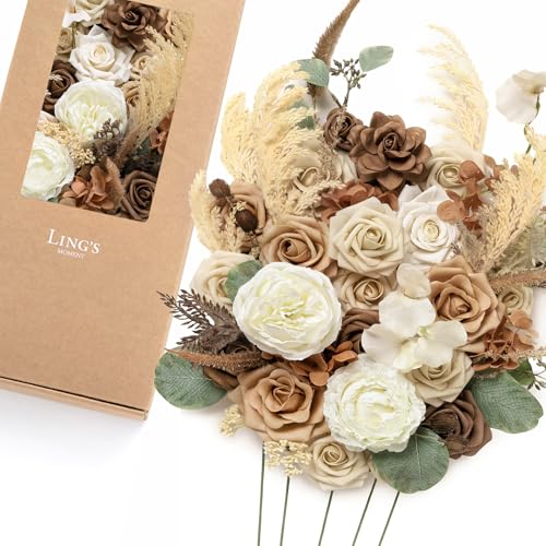 Ling's moment Fake Flowers Box, Faux Pampas Artificial Gardenia Foam Roses Silk Peony for Centerpieces Bouquet Wedding Floral Arrangements Bridal Shower Party, Earth Brown & Tawny Beige, Deluxe Combo - color: Beg-earth Brown & Tawny Beige, size: Deluxe