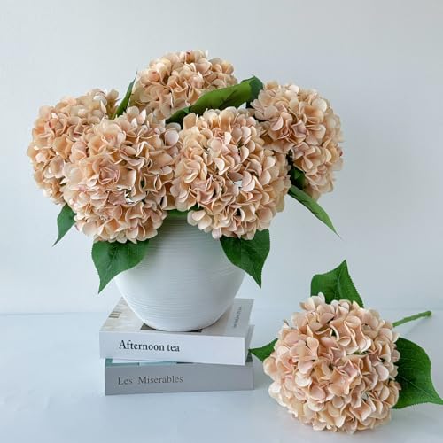 ZYTUYO 5 Pcs Light Coffee Silk Hydrangeas Artificial Flower Boho 20'' Faux Hydrangeas for Fall Indoor Home Decor Spring Kitchen Living Room Outdoor Porch Wedding Flower Arrangement - color: Light Coffee