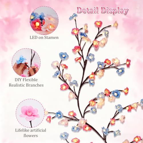 7.55 FT 144 LED Cherry Blossom Tree Branch Lights for Wall,8 Modes Artificial Pink Cherry Blossom Garland with Remote and Timer,Willow Vine Lights (144 LED Three-Color Cherry Blossom) - color: 144 LED Three-Color Cherry Blossom