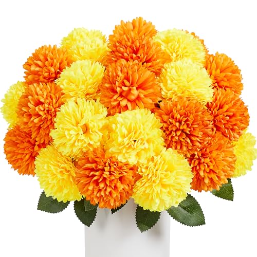SITUMEIZI 12 Pcs Artificial Chrysanthemums Flowers Ball Flower Fake Mums Silk for Fall Decor Halloween Thanksgiving Day Wedding Home Kitchen Decoration Floral Arrangement(Yellow,Orange) - color: Orange & Yellow, size: 12 Pieces