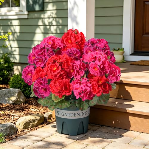 Geraniums Artificial Flowers for Outdoors, 2 Pack Potted Plants Faux Geraniums Bush Artificial Topiaries Realistic UV Resistant Fake Flowers Greenery for Outside Gardens Porch Patio Yard Indoor, Mix - color: 4 Red, 4 Hot Pink, 4 Fuchsia