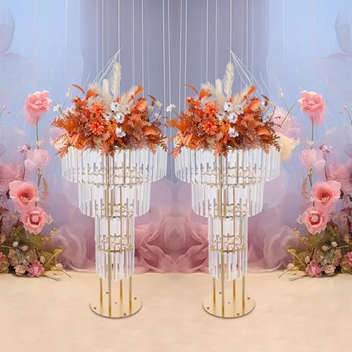 2Pcs 4 Tiers Wedding Centerpieces Vase, 35.43" Tall Wedding Centerpieces Crystal Flower Stand, 5-Tier Crystal Vase with 11" Round Base for Party Event Home Decoration (Gold) - color: 4 Tiers+ Gold+ Round Base