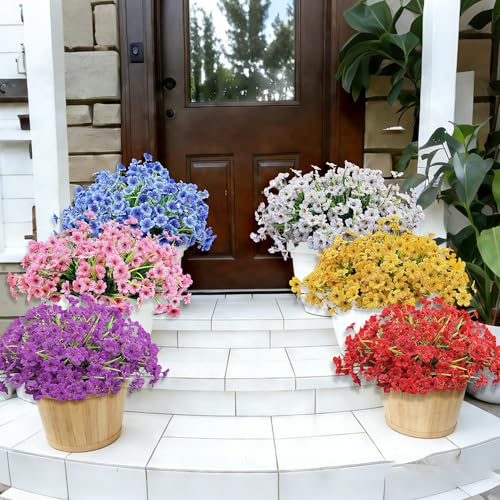 20 Bundles Artificial Flowers for Outdoors, UV Resistant Fake Flowers with Plastic Plants, Faux Silk Flowers for Planter outdoors, Fake realistic flowers For Window Box Front Porch Patio Decor-Red - color: Red