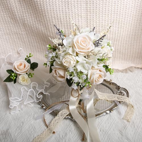 Wedding Bouquets for Bride Bridesmaid, White Champagne Artificial Roses Flowers with Ribbon Bow for Wedding Prom Church Decoration, Ceremony, Anniversary (8in)