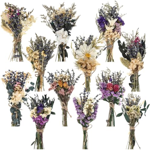 Layhit 12 Pcs Boho Dried Flower Bouquet Mini Wedding Handmade Dry Flowers Decor for Vase Crafts DIY Photo Boutonniere for Men Floral Plant for Bridesmaid Gift Birthday Decor(Romantic) - style: Lavender