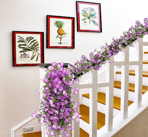 Artificial Flowers Garland 2PCS Purple Artificial Silk Morning Glory Vine Artificial Flowers Hanging Eucalyptus Garland for Wall Fence Arch UV Protected Indoor Outdoor Decor - color: Purple