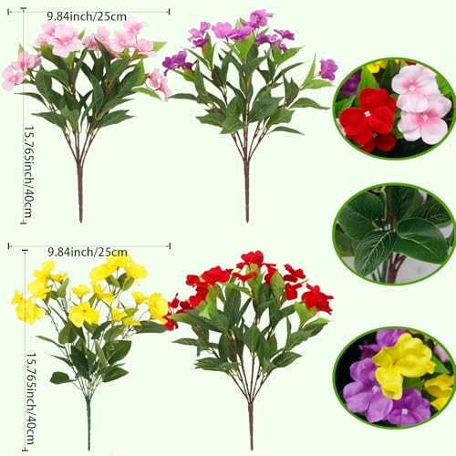 CITYES 4 Pcs Artificial Flowers for Outdoors Impatiens UV Resistant Silk Flowers Hibiscus Faux Impatiens Flowers for Outdoor Planters Pot Patio Garden Hanging Basket Porch Table Indoor Decor - color: Pink, Purple, Red, Yellow