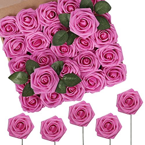 N&T NIETING Artificial Flowers, Hot Pink Artificial Roses, 50pcs Fake Flowers with Stem for DIY Wedding Bouquets Centerpieces Bridal Baby Shower Party Home Arrangement Decoration - color: Hot Pink, size: 50pcs