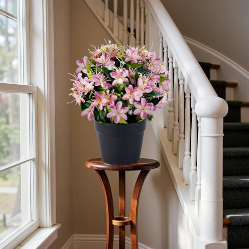 14'' Artificial Plants Fake Lily Flowers in Pot for Home Garden Indoor Outdoor Spring Summer Decorations (Rose Red) - color: Rose Red