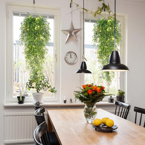 RECUTMS Pack of 4 Ferns Artificial Plants Large Artificial Hanging Plants Faux Ivy Vine Fake Greenery Wall Plants with LED Lights for Room Garden Patio Porch Bathroom Kitchen Decor (Green) - color: Green-light