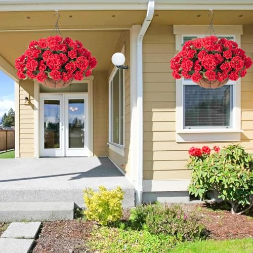 INSPRING Geraniums Artificial Flowers Hanging Basket for Outdoors Outside Spring Decoration, 8 Bundles Silk Flowers Fake Plants Look Real UV Resistant for Porch Home Patio Balcony Yard, Red - color: Red