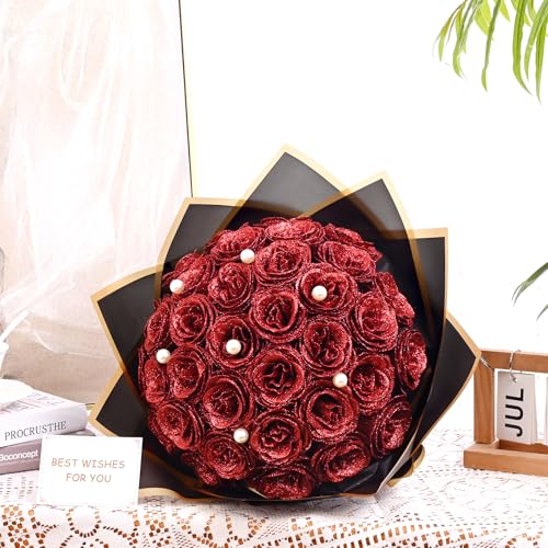 Waipfaru Red Glitter Roses Bouquet, DIY Fake Flowers Bouquet, Everlasting Shiny Artificial Rose Bouquet for Valentines, Anniversary, Engagement, Wedding, 24 Roses - color: Red, size: 24pcs