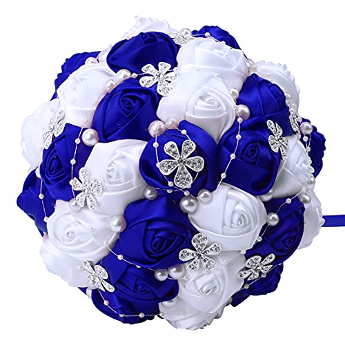 7Inch Handmade Wedding Flowers Bridal Bouquets Crystal Bride Holding Bouquet White Ivory Satin Roses with Diamond Pearl Ribbon.(bluewhite) - color: Bluewhite