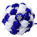 7Inch Handmade Wedding Flowers Bridal Bouquets Crystal Bride Holding Bouquet White Ivory Satin Roses with Diamond Pearl Ribbon.(bluewhite) - color: Bluewhite