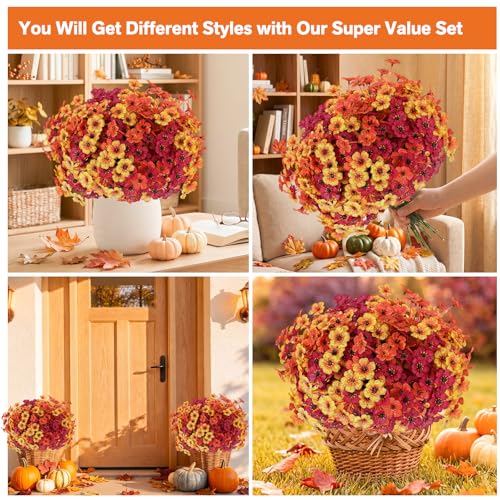 Powbrace 60 Pack Artificial Flowers for Outdoor Indoor Fake Plants, Faux Silk Flowers for Outdoors Outside Front Porch Hanging Planter Window Box Garden Spring Decoration(Autumn Mixed) - color: Autumn Mixed, size: 60 Bundles