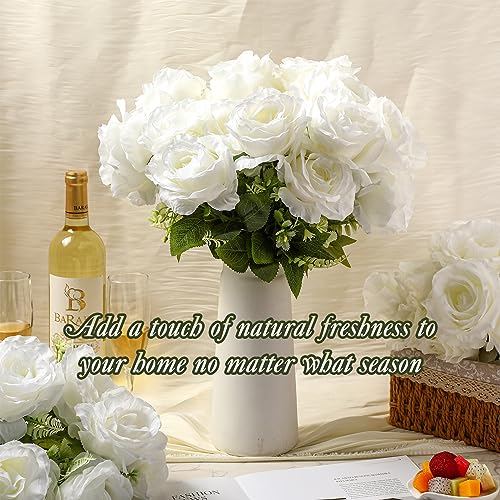 Zeyune White Artificial Wedding Roses Bulk, 8 Bouquets (56 Heads) Silk Bridal Bouquet Flowers for DIY Wedding Centerpieces Bridesmaid Decor, 17.3 Inch