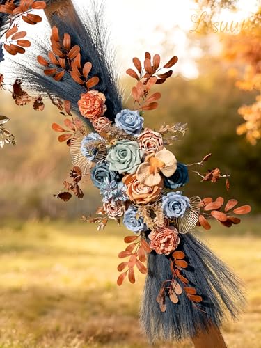 Lisuun Wedding Arch Flowers, Artificial Flowers for Decoration, Large Flower Swag for Boho Styles Wedding Ceremony Floral Decor - Pack of 2 - color: Blue Coffee Pampas
