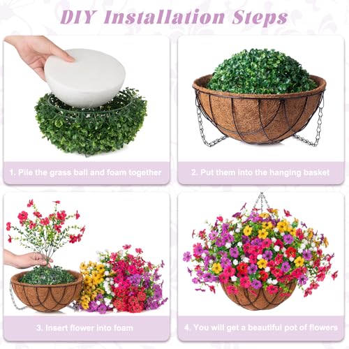 INXUGAO Artificial Silk Flowers Hanging Baskets Outdoors Indoors, Daisy with Eucalyptus Leaves Arrangement for Garden Yard Spring Summer Decor Faux Green Plant Metal Coconut Lining - color: 5multicolor