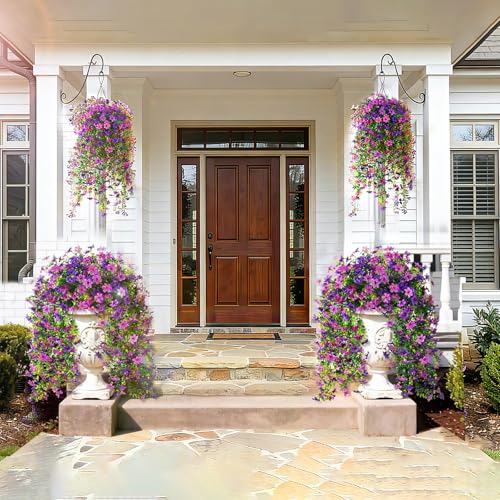CCILAND 2 PCS Artificial Hanging Flowers for Outdoors, Fake Flower Plants UV Resistant Faux Hanging Spring Flowers for Home Porch Garden Patio Yard (Double Purple) - color: Mix Light Purple and Purple