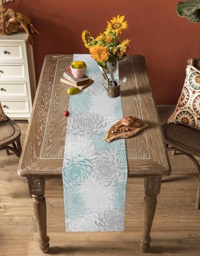 PIEPLE Aqua Chrysanthemum Flowers Table Runner-Cotton Linen-Long 13x90inches Dresser Scarves,Floral Grey Tablerunner for Kitchen Coffee/Dining/End Table Bedroom Living Room,Scarf Decor for Holiday - color: Texturezld5372, size: 13x90 Inch