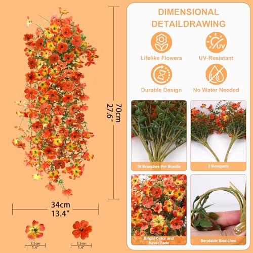 Hommyea Artificial Fall Fake Flowers for Outdoor, 2 Pcs Fake Mums Faux Hanging Flowers Outdoor Fall Decor, UV Resistant Silk Flower for Front Door Porch Planters Patio Yard Garden(Orange Sunset Red) - color: Orange Sunset Red