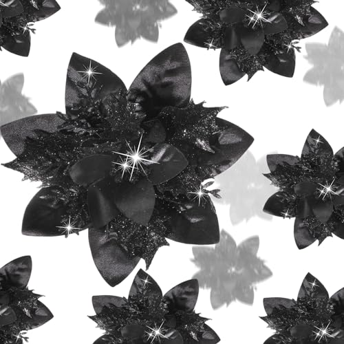 36 Pcs Christmas Glitter Artificial Poinsettia Flowers Xmas Poinsettia Artificial Wedding Flowers Decorations Xmas Tree Ornaments with Clips for Party, 6 Inch, 4 Inch, 3 Inch(Black) - color: Black