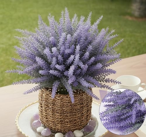 ilauke 10 Bundles Artificial Lavender Flowers for Outdoors, Purple Fake Flowers for Decoration, UV Resistant Faux Plants Lavender Flower Bouquet Indoor Outside Home Wedding Garden Patio Porch Decor - color: Purple