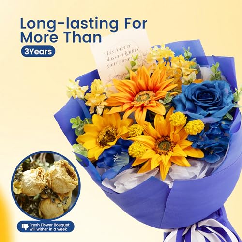 TINGE TIME Preserved Flowers Bouquet, Sunflower and Rose Bouquet, Flowers for Delivery, Graduation Gifts Teacher Appreciation Gifts Birthday Flowers Gifts for Women Mom Grandma Wife Friends - color: Sunflower&RoyalBlue