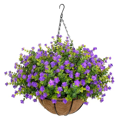 NETAP Artificial Hanging Flowers Basket for Outdoor, 16 Fake Flowers Look Real UV Resistant, Faux Hanging Plants for Porch, Balcony, Patio, Garden, Spring Summer Decor,Purple - color: Purple