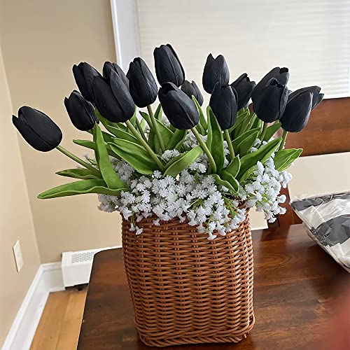 UKELER 24 Pcs Black Flowers Tulip Artificial Flowers Real Touch PU Tulip Flowers for Home Decorations Centerpieces Arrangement Wedding Bouquet - color: Black