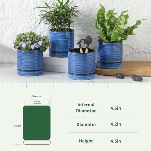 HASENSE Ceramic Plant Pots with Saucers Set of 4, 4.6 Inch Planters for Indoor Plants with Drainage Holes,Blue Flower Pots for Snake Plants & Cactus, Modern Farmhouse Windowsill & Tabletop Decor - color: Blue