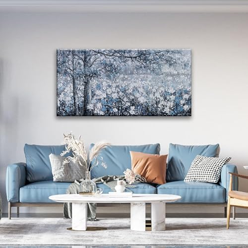Wall Art for Living Room Blue And White Abstract Tree Flower Modern Artwork Canvas Painting Textured Tree Pictures Wall Decor Bedroom Dining Room Home Office Decor 24"x48" Ready to Hang - color: grey blue, size: 48"L x 24"W
