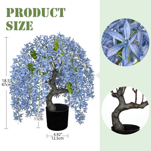 Artificial Flowers 18.5" Tall with Silk Wisteria Flower Arrangement and Realistic Wood Fake Bonsai Tree Plants Faux Plants for Spring Home Bedroom Office Bathroom Blue Coffee Table Centerpiece Decor - color: Blue-18.5