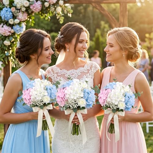 Auihiay 64Pcs Hydrangea Artificial Flowers Bulk, Faux Hydrangea Flowers Heads with Stems for Engagement Baby Shower Wedding Arch Birthday Anniversary Bridal Shower(Mixed Color) - color: White, Blue & Pink