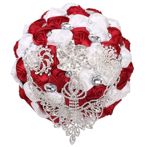 Bridal Wedding Bouquet Drop-Shaped Rhinestones Brooch Bouquet for Bride Bridesmaid Quinceanera Satin Red Rose Flower Bouquet Wedding Burgundy and White 8.3in - color: Burgundy& White, size: Diameter: 8.3 inches