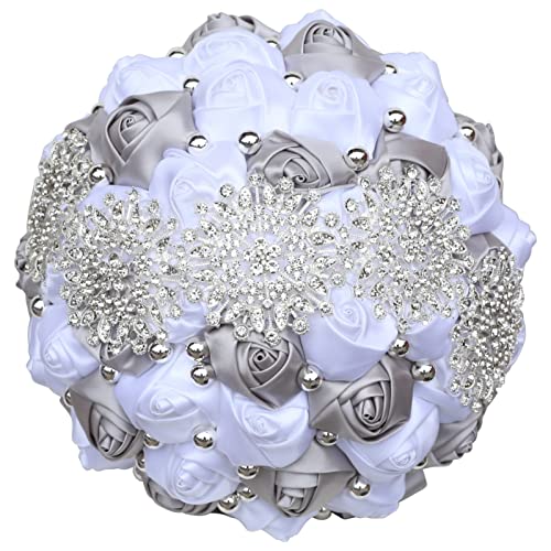 Bridal Wedding Bouquet with Gold Rhinestone Pearl for Quinceanera Bride Bridesmaid Satin Rose Flower Brooch Bouquet Wedding Silver Gray and White 7.1in - color: ['Silver & White'], size: Diameter: 7.1 inches