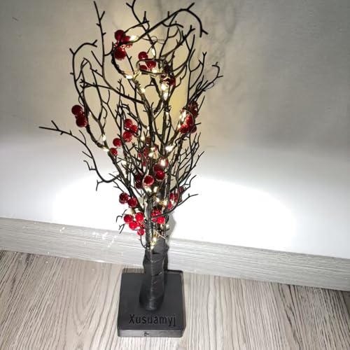 Cardinal Red Berries Tree Table Decoration Light for Tabletop Centerpiece Christmas Decorations, LED Warm Light Up Christmas Tree LED Fairy Spirit Tree Lamp with 3 AA Battery & USB Plug - style: Red Bird Tree Lamp
