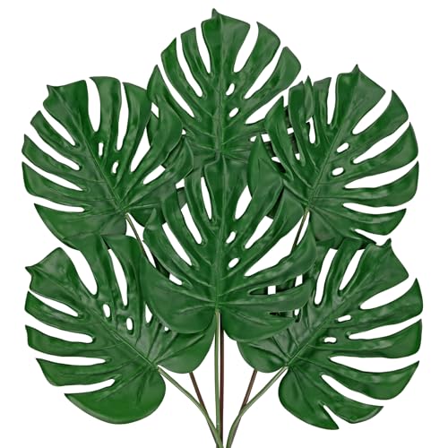 DILATATA 6 Pack Artificial Monstera Leaves with Long Stem for Vase - Fake Tropical Plants Palm Leaves Realistic Philo Turtle Leaves for Home Wedding Party Decor - Medium - color: Medium Monstera#pe 6pcs