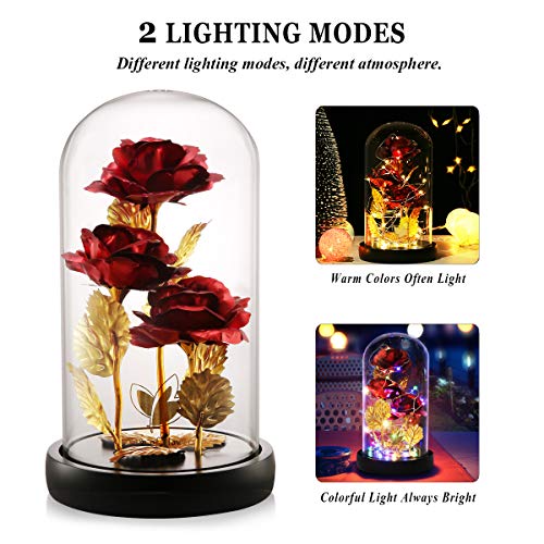 Valentines Day Gifts for Her,Beauty and The Beast Rose Birthday Gift,Galaxy Flower Rose with 2 Light Modes,Colorful Crystal Flower Enchanted Rose in Glass Dome,Womens Gifts for Mom Wife Girlfriend - color: Red