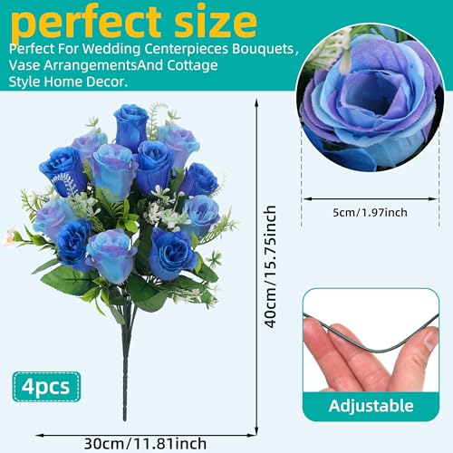 Artificial Rose Bouquets,Fake Flowers Rose,Set of 4 Realistic Silk Flowers for Cemetery and Headstone Decoration, UV Resistant for Outdoor Memorials, Home, and Wedding Centerpieces (Blue) - color: Blue