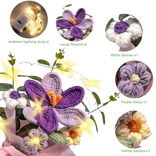 Crochet Daisy Flowers Bouquet, Handmade Daisy Artificial Flowers with Card for Mother's Day, Birthday, Wedding, Home Decor, Teacher's Day, Grandma Bday Gift (Purple-1) - color: Purple-1
