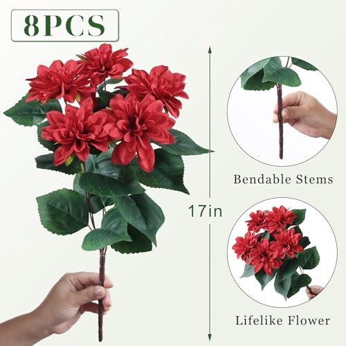 VIERENA 8 Bundles Artificial Dahlia Flowers for Outdoors Spring Summer Decor, No Fade Silk Flower Faux Dahlias Plant Arrangement for Home Garden Balcony Farmhouse（Red） - color: Red