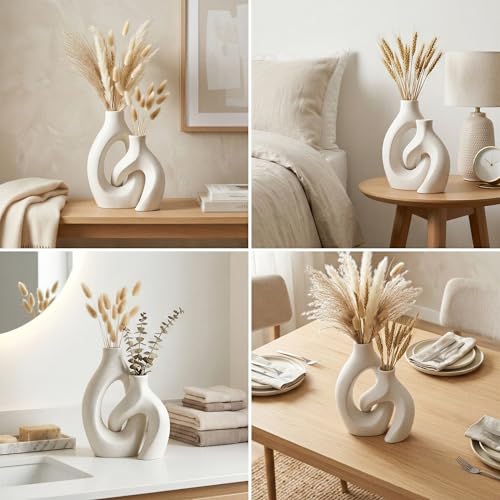 White Ceramic Vase Set of 2, Hollow Oval Flower Vases for Decor, Handmade Nordic Minimalist Ceramic Vase for Pampas Grass, Living Room, Farmhouse & Boho Home Decor, Housewarming Gifts