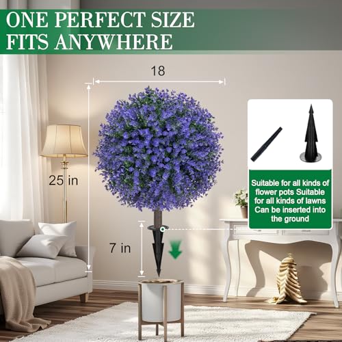 AOKIIE 24" Artificial Boxwood Topiary Bushes UV Resistant for Outdoor 2PCS | Artificial Shrubs with Ground Spike, Purple Faux Outdoor Plants for Indoor & Outdoor Garden, Yard, Porch, Patio - color: Purple